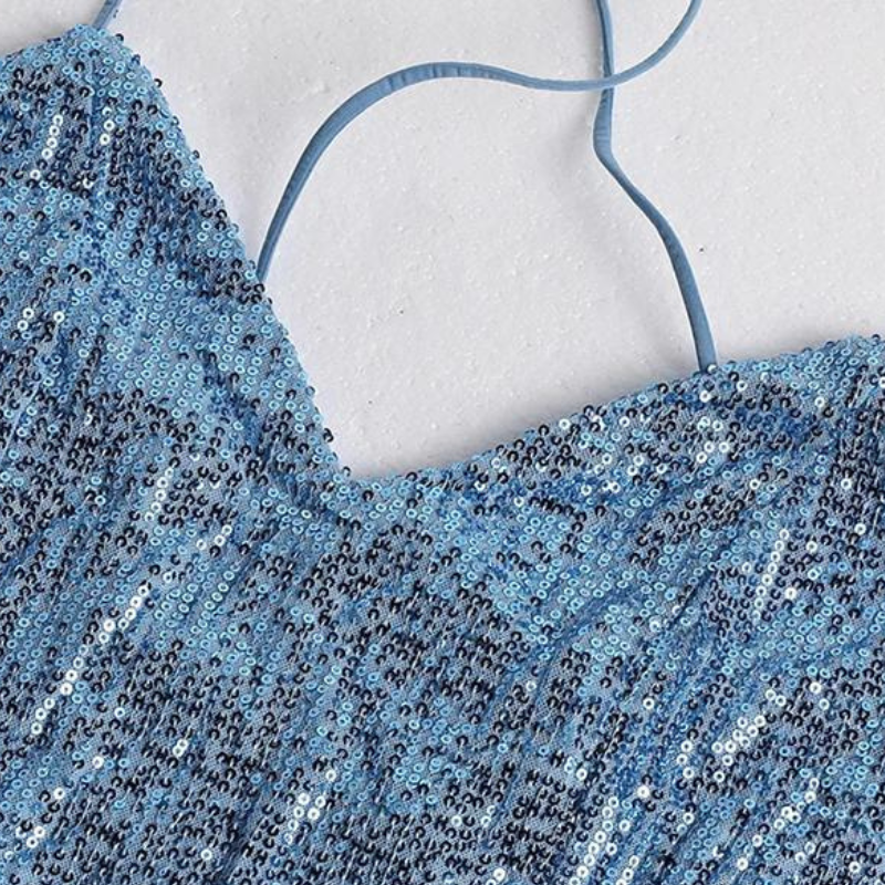 Abendkleid mit Pailletten, lang, mit Schlitz und Trägern