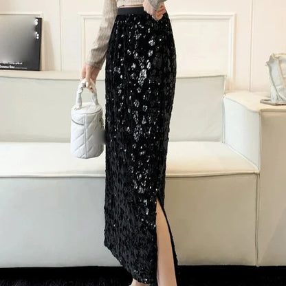 High-Waist Paillette Split Skirt