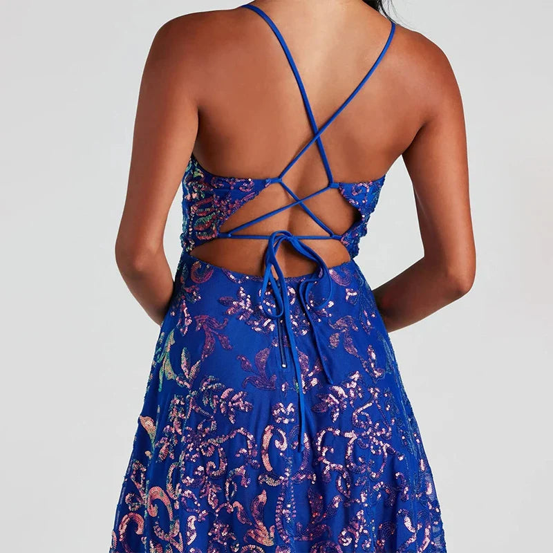 Abendkleid mit Pailletten, blau, mit Trägern