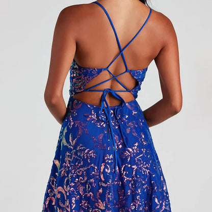 Abendkleid mit Pailletten, blau, mit Trägern