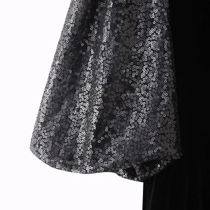Schwarzes T-Shirt-Kleid mit Paillettenärmeln aus Samt