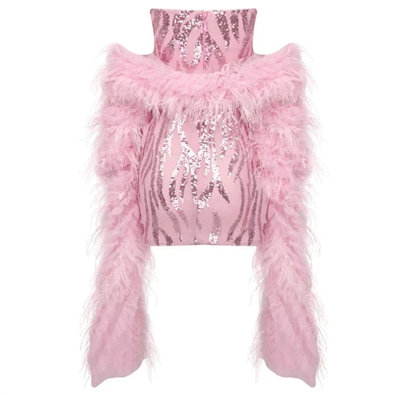 Mini-Kleid in Rosa mit Pailletten, Strass und Federn