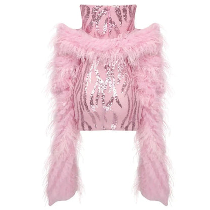 Mini-Kleid in Rosa mit Pailletten, Strass und Federn