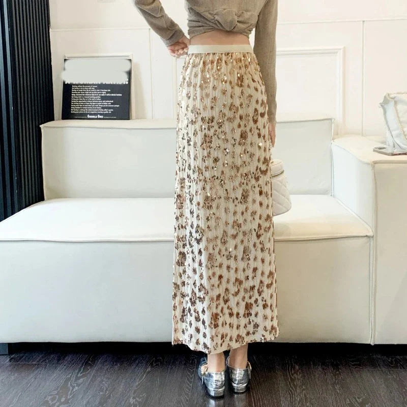High-Waist Paillette Split Skirt