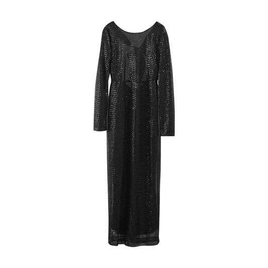 Abendkleid Schwarz Pailletten Rücken Schleife