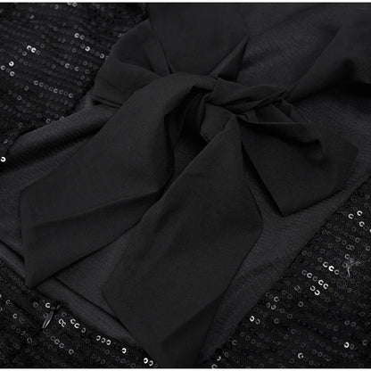Abendkleid Schwarz Pailletten Rücken Schleife
