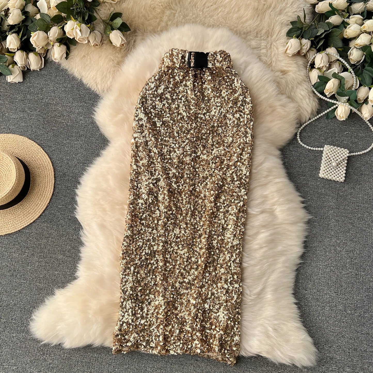Midikleid mit Pailletten und Taille Gürtel