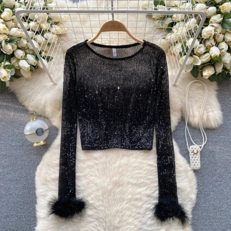 Top Paillette Langarm Federn