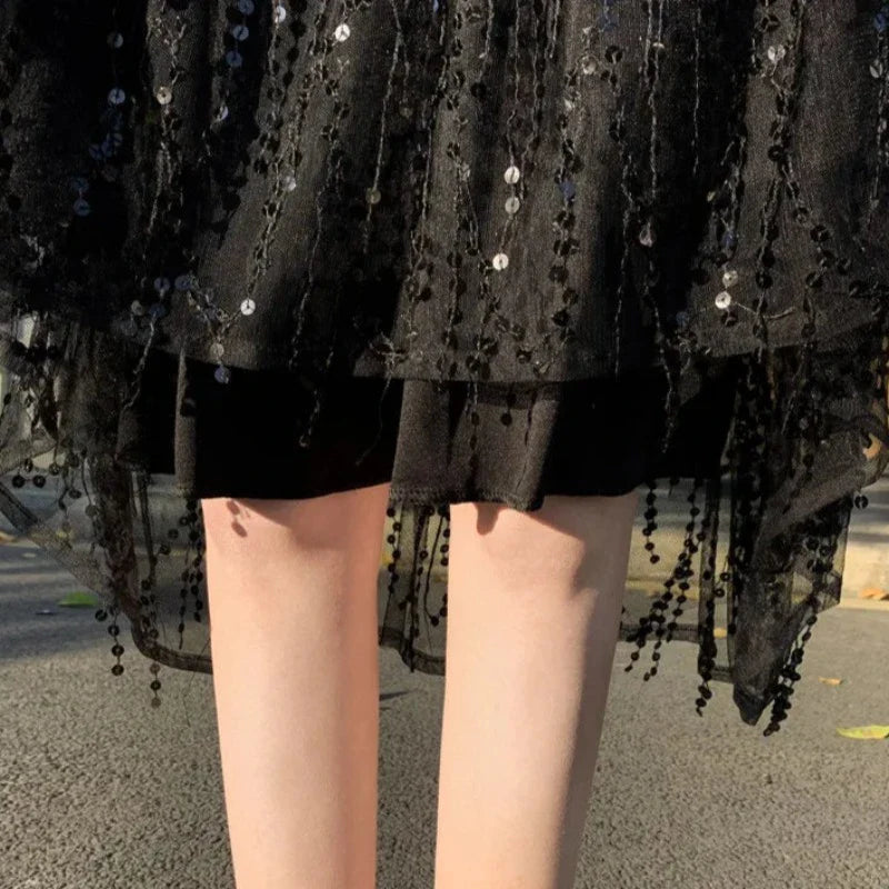 hohe Taille Paillettenkurzrock mit Fransen