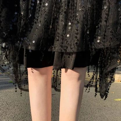 hohe Taille Paillettenkurzrock mit Fransen