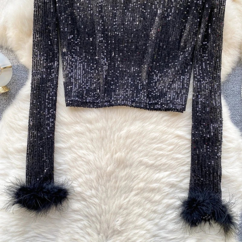 Top Paillette Langarm Federn