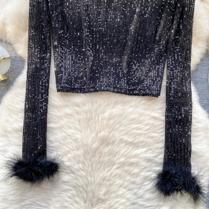 Top Paillette Langarm Federn