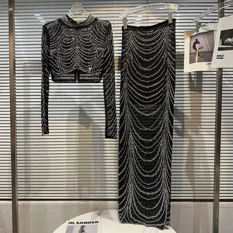Croc-Top und Rock mit Strass in Schwarz