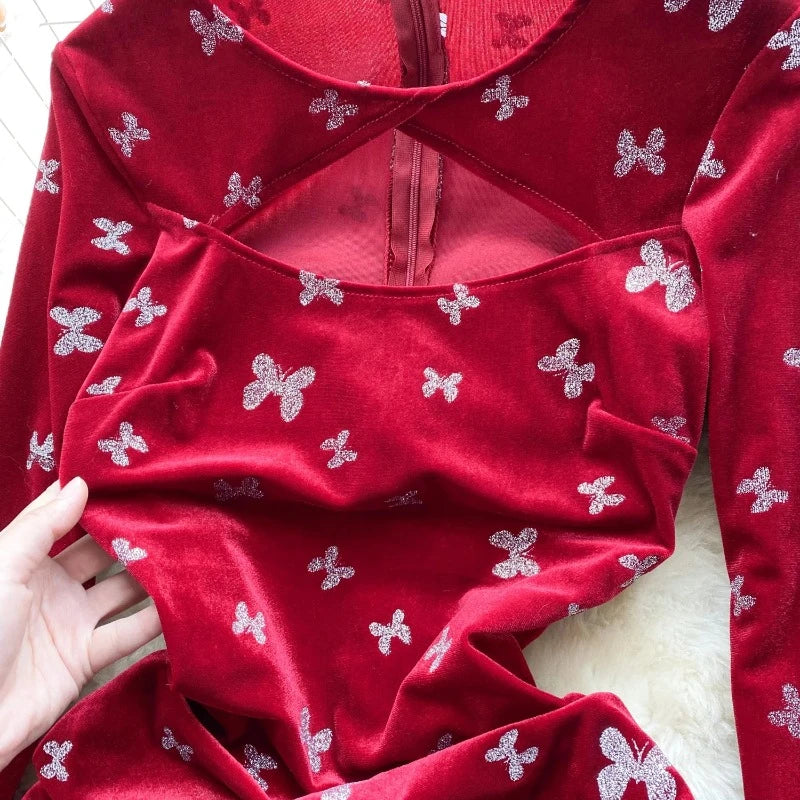 Velours-Hochzeitskleid mit Schmetterlings-Pailletten