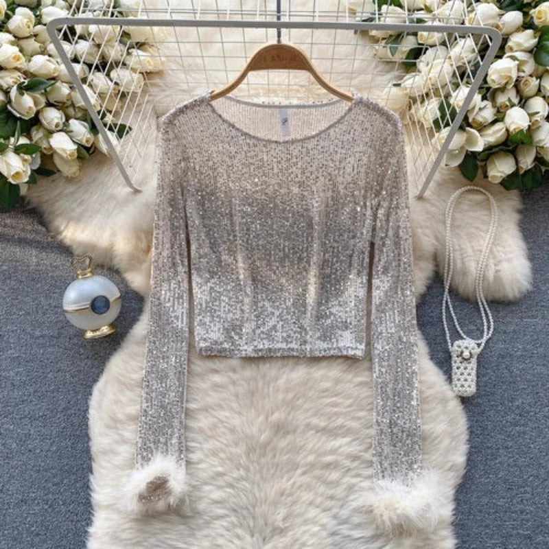 Top Paillette Langarm Federn