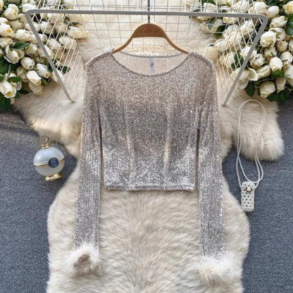 Top Paillette Langarm Federn