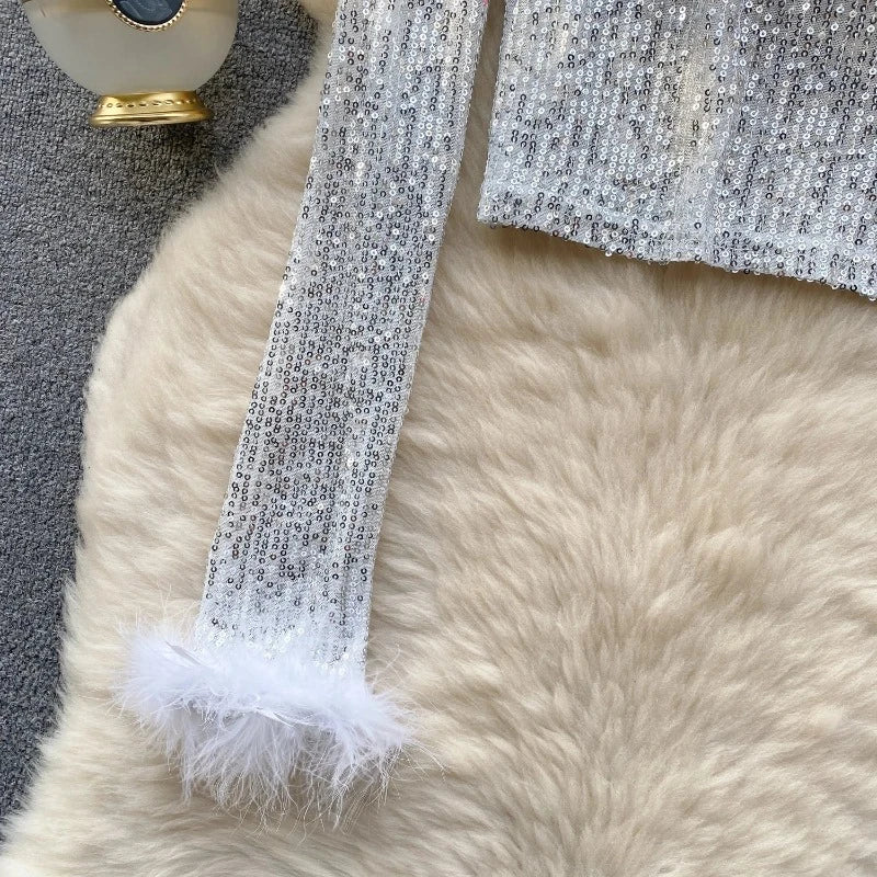 Top Paillette Langarm Federn