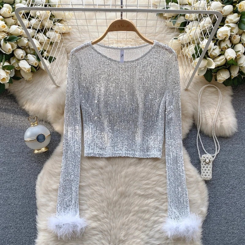 Top Paillette Langarm Federn