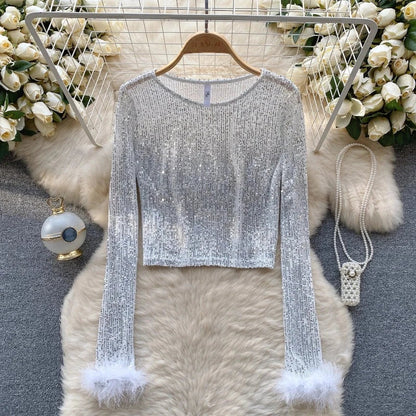 Top Paillette Langarm Federn