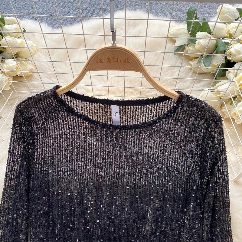 Top Paillette Langarm Federn