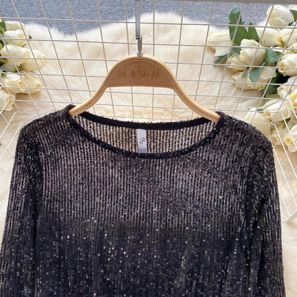 Top Paillette Langarm Federn