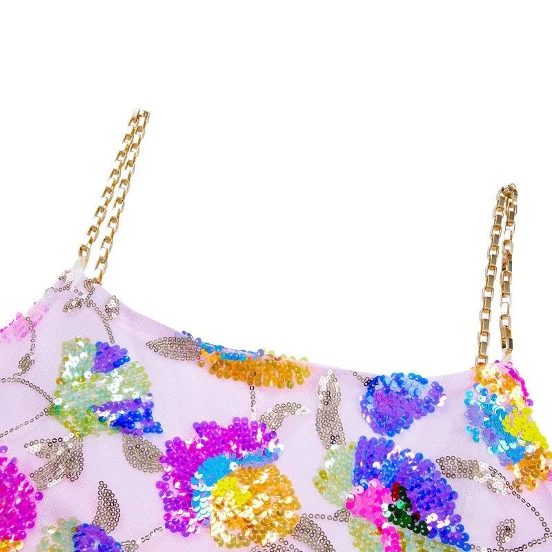 Paillettenkleid mit Rückenausschnitt Blumen Träger Kette