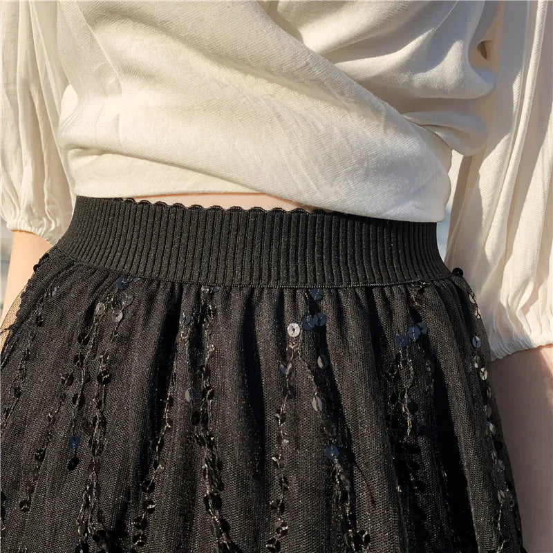 hohe Taille Paillettenkurzrock mit Fransen