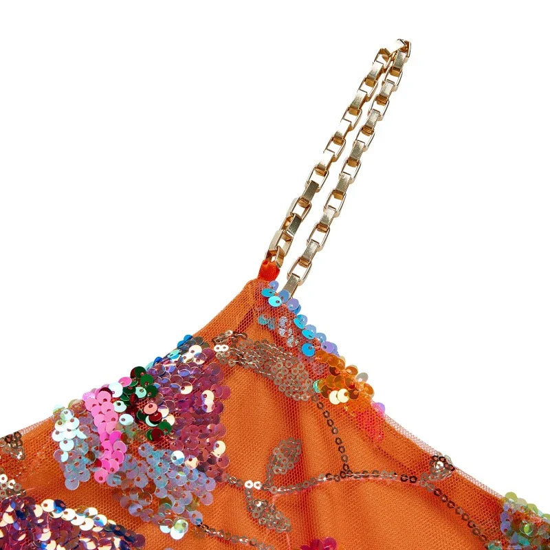 Paillettenkleid mit Rückenausschnitt Blumen Träger Kette