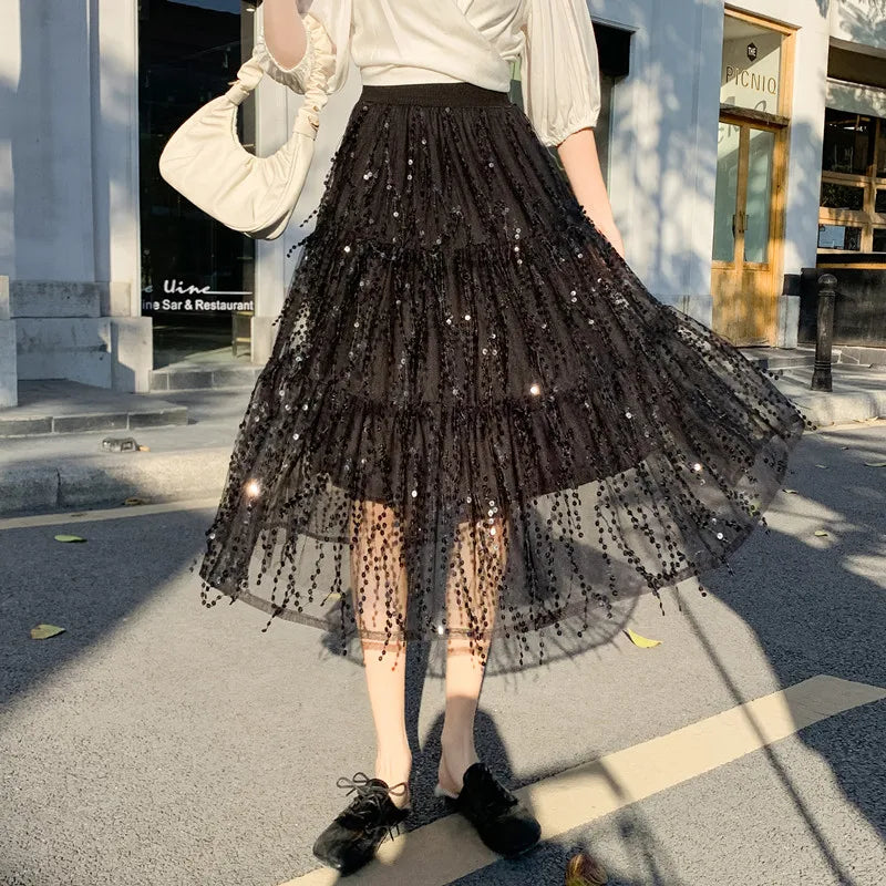 hohe Taille Paillettenkurzrock mit Fransen