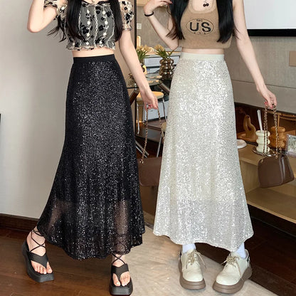 Lange Paillettenrock hohe Taille