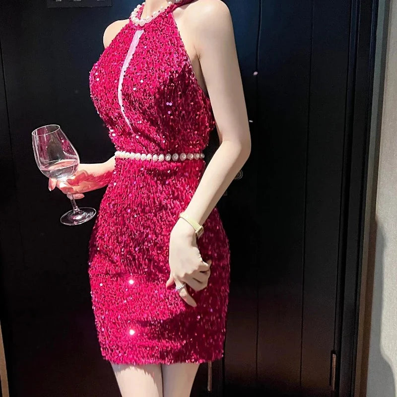 Robe Pailletten Rückenausschnitt Rosa