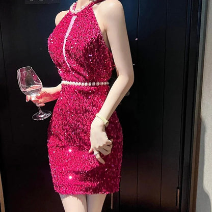 Robe Pailletten Rückenausschnitt Rosa