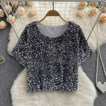Kurzes Pailletten-T-Shirt für Damen