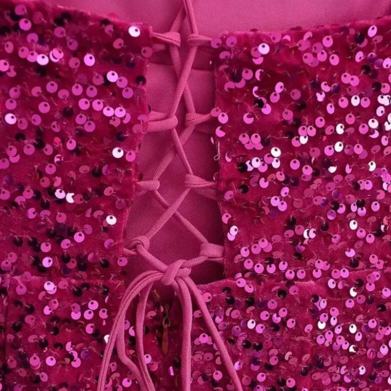 Tüllkleid mit Pailletten, rosa, mit Schlitz und Trägern