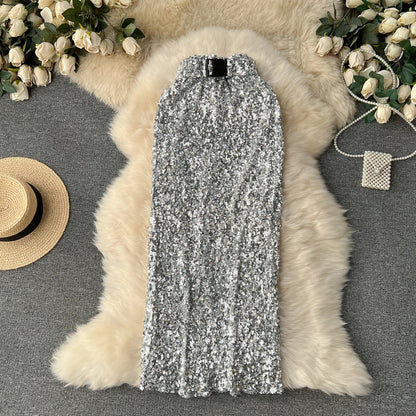 Midikleid mit Pailletten und Taille Gürtel