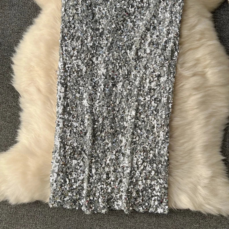 Midikleid mit Pailletten und Taille Gürtel