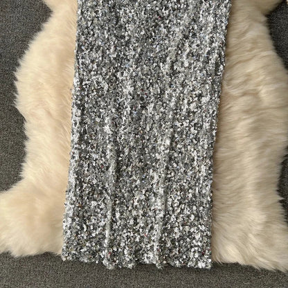 Midikleid mit Pailletten und Taille Gürtel