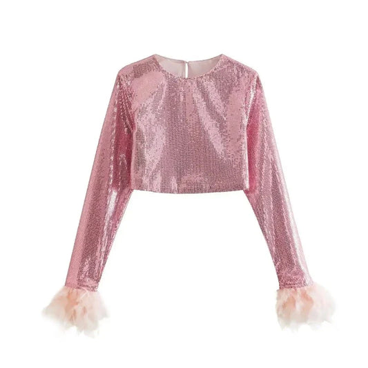 Top Crop Pailletten Rose Manches Plumes