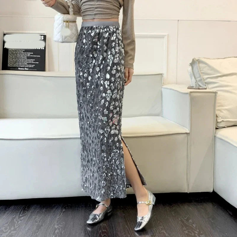 High-Waist Paillette Split Skirt