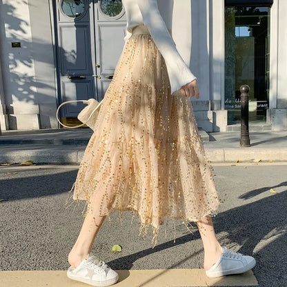 hohe Taille Paillettenkurzrock mit Fransen