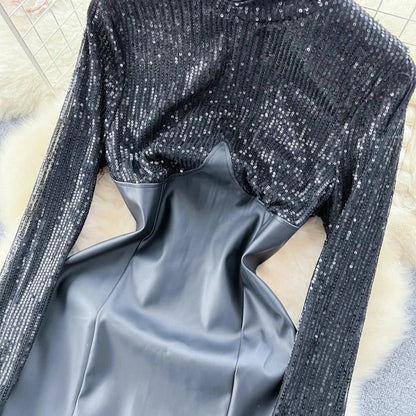 Schwarzes Paillettenleder-Kleid