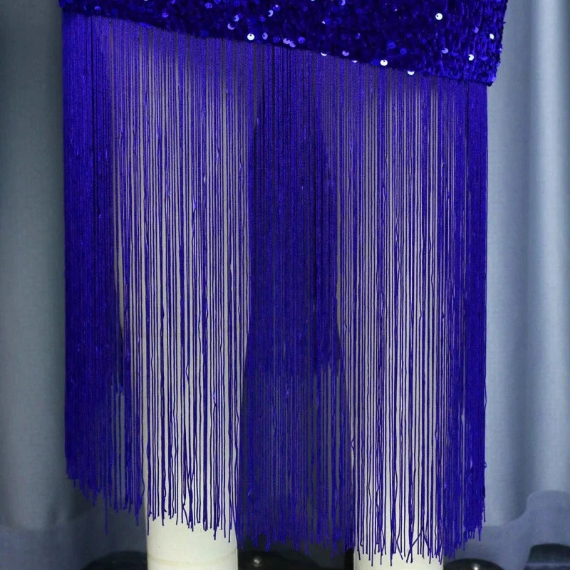 Abendskleid Pailletten Blau Pompons und Fransen