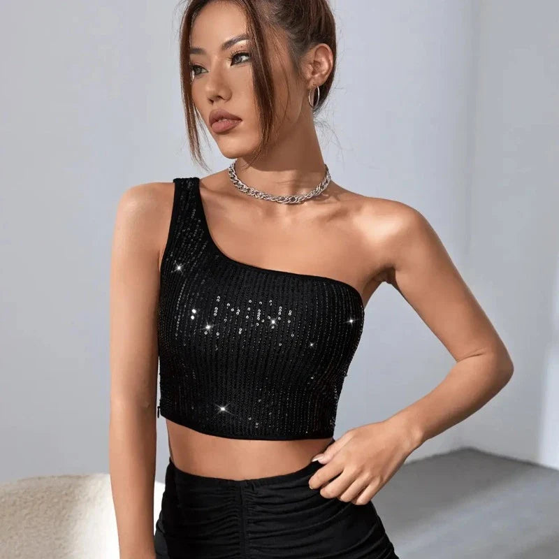 Top Crop Schwarze Pailletten mit einem Ärmel