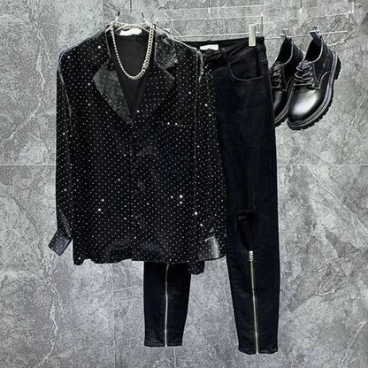 Schwarzes Herrenhemd mit Strass, Blazer-Stil