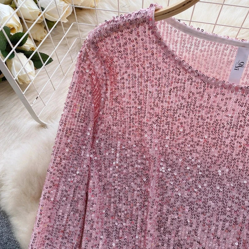 Top Paillette Langarm Federn