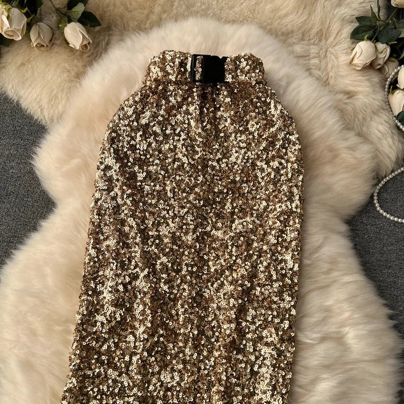 Midikleid mit Pailletten und Taille Gürtel