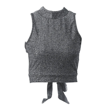 Top Crop Pailletten Grau Rückenfrei