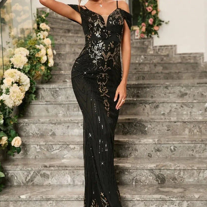 Abendkleid mit Pailletten, schwarzes Schulterfrei