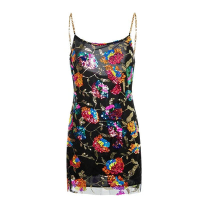 Paillettenkleid mit Rückenausschnitt Blumen Träger Kette