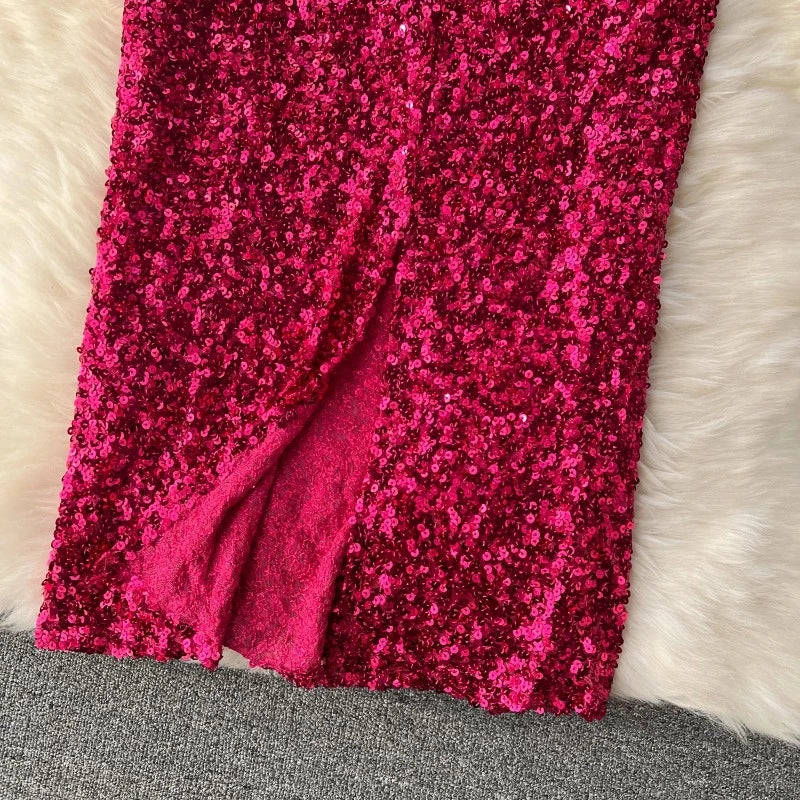 Midikleid mit Pailletten und Taille Gürtel